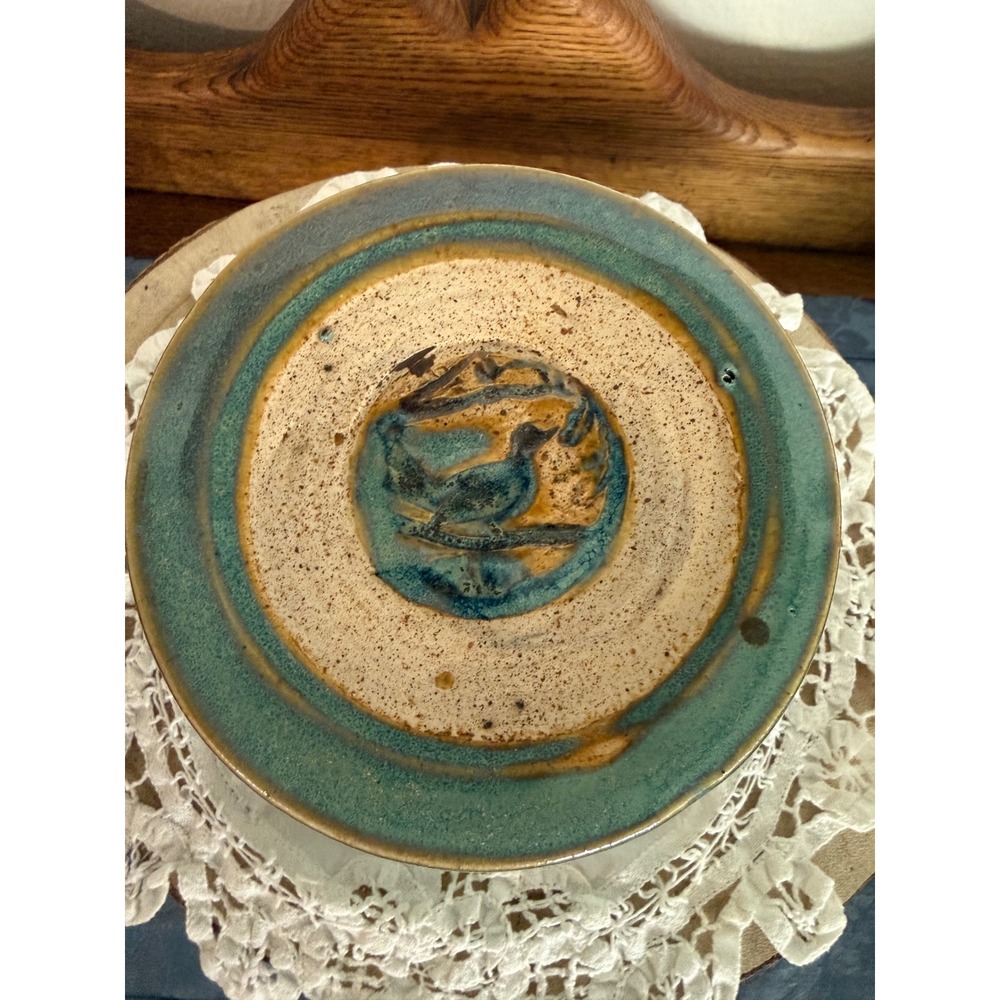 McClay Pottery French Butter Bell Teal Green Bird Motif Stoneware